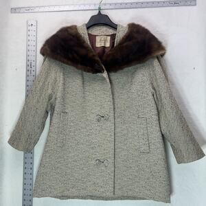 Vintage 50s Roll Up High Neck Glam Bouclé Swing Coat Real Mink Plus Size 18-22